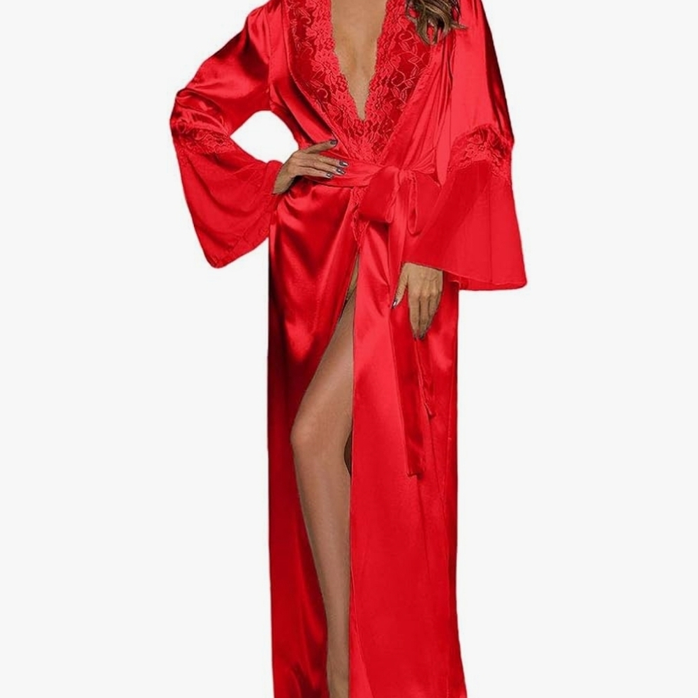 Luxurious Scarlet Satin Kimono Robe with Lace Detail